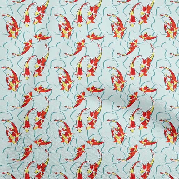 oneOoneCottonCambricSkyBlueFabricAsianJapaneseKoiFishCraftProjectsDecorFabricPrintedByTheYard42InchWide