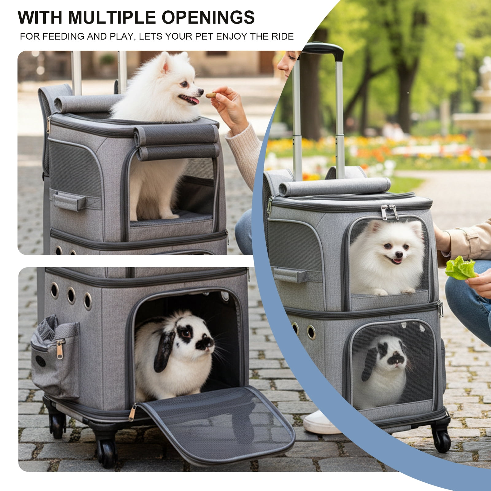 MINGYI Double-Compartment Pet Carrier with Wheels,Dog Backpack Carrier for 2 Small Dogs and Cats,Cat Rolling Carrier for Traveling/Taking a Walk/Trips to The Vet(Grey)