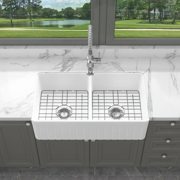 Sinber 33 Inch Farmhouse Apron Double Bowl Kitchen Sink with Fireclay White Finish 2 Accessories F3318D-OLT
