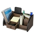 thumbnail image 4 of Wooden Desk Organizer w/ Drawer & Book End, Classic Wood Office Supplies Accessories Desktop Tabletop Sorter Shelf Rack Cherry Brown Pencil Holder Caddy Set (6 Compartments), 4 of 7