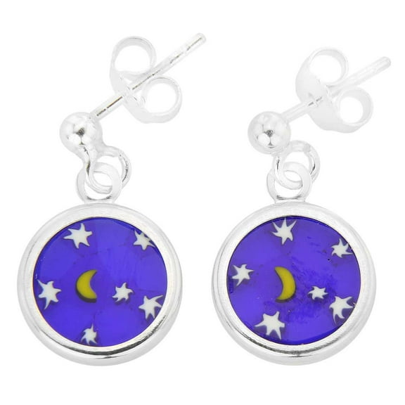 GlassOfVenice Murano Glass Silver-Framed Millefiori Earrings "Moon and Stars"