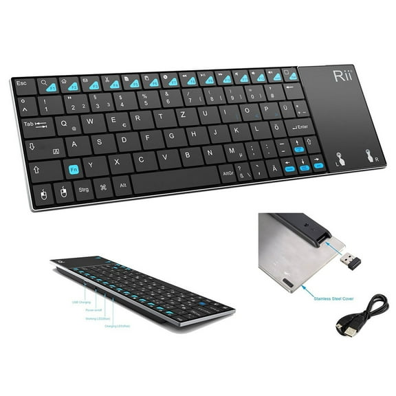 Rii Mini K12 Stainless Steel Cover Wireless Keyboard with Built-in Large Size Touchpad and Rechargable Li-ion Battery
