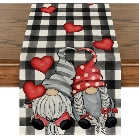 

Artoid Mode Watercolor Buffalo Plaid Love Heart Gnomes Valentine s Day Table Runner for Dining Table 13 x 90