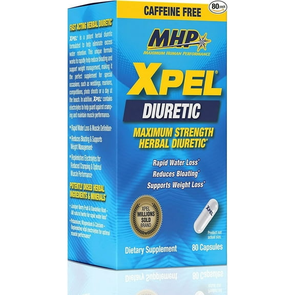 MHP Xpel Maximum Strength Diuretic Water Pills, for Water Retention Relief, Weight Loss Support, Caffeine-Free with Vitamin B-6 Potassium Dandelion Root, 80 Capsules