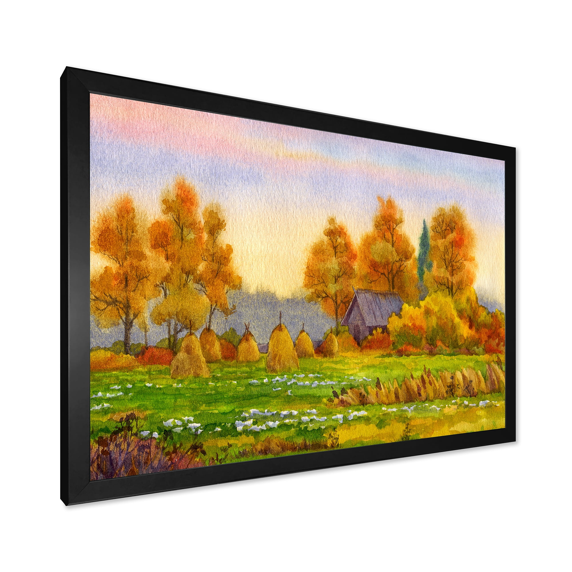 Designart 'Orange Fields With Haystacks I' Lake House Framed Art Print