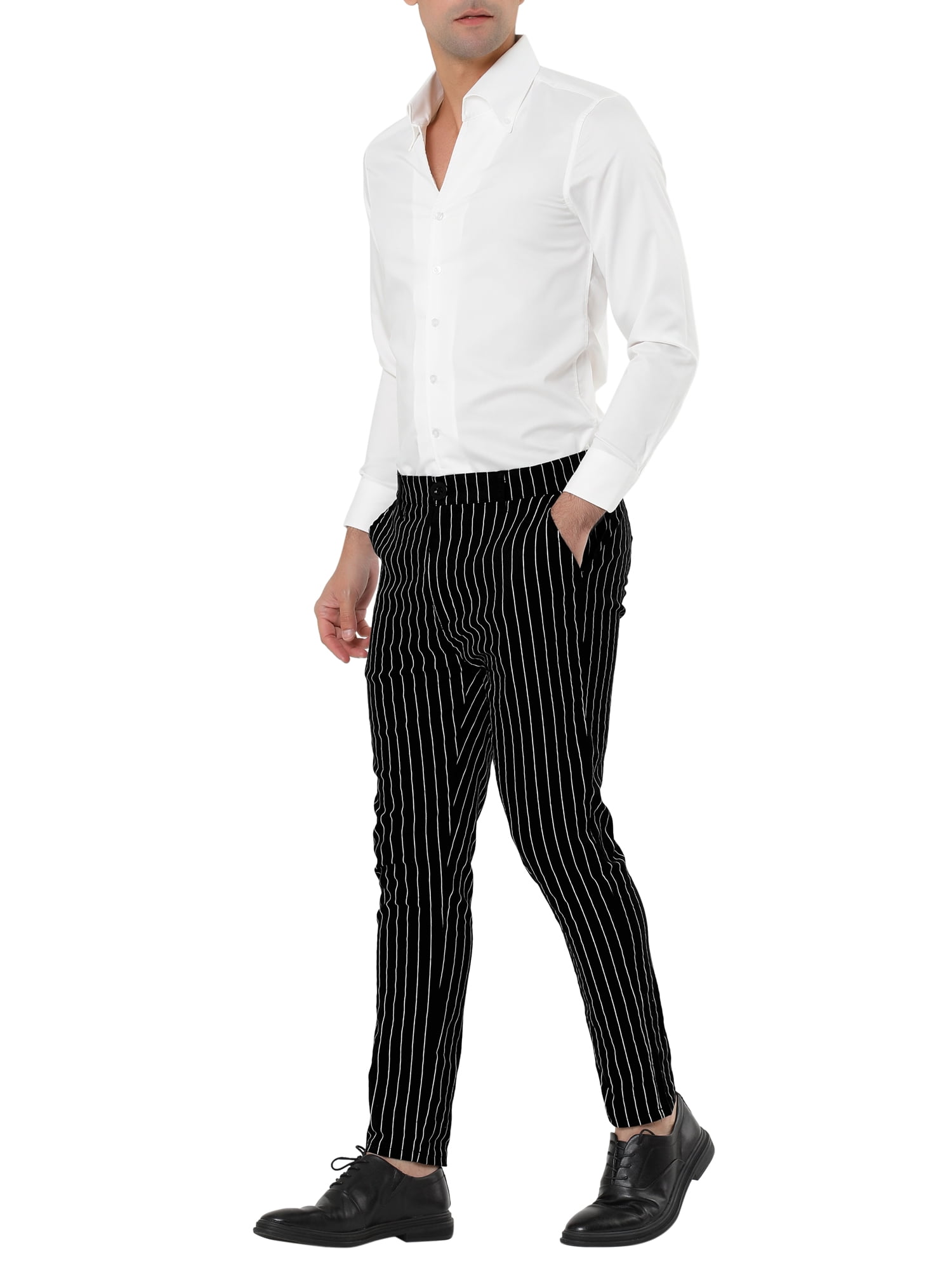 Unique Bargains Men's Striped Pants Slim Fit Flat Front Business Dress Trousers 34 Black