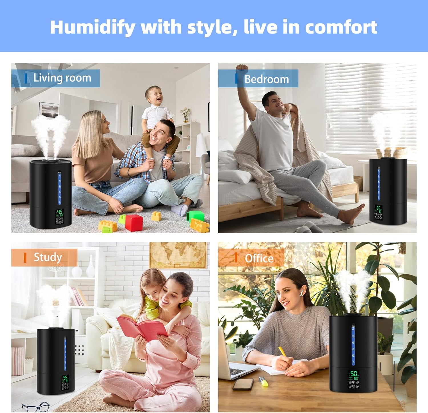 Humidifiers Large Room Home,Cool and Warm for Baby and Plants Hot Mist Top Fill Desk Quiet,Adjustable Mist,360 ° Nozzle-Black