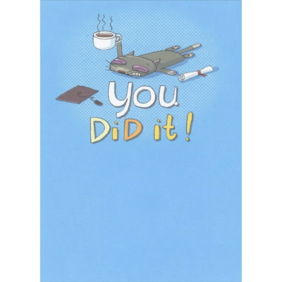 RSVP Exhausted Cat Laying on Ground and Holding Up Cup of Coffee Funny / Humorous Graduation Congratulations Card