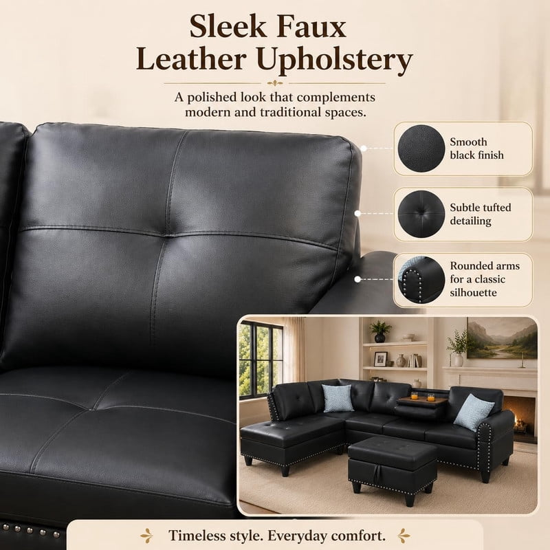 L-Shaped Sectional Sofa with Storage Ottoman, 4-Seat Modern Couch with Left-Facing Chaise and Built-In Cup Holders, Faux Leather Modular Sofa for Living Room, Apartment, Office