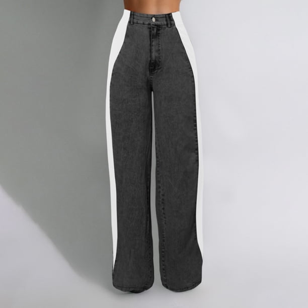 WILLBEST Pantalones Casuales para Mujer, Vaqueros elegantes con Rayas de Patchwork, Cintura Alta, Corte Holgado, Vaqueros con Bloques de Color, Pantalones Rectos de Pierna Ancha Extra Grande