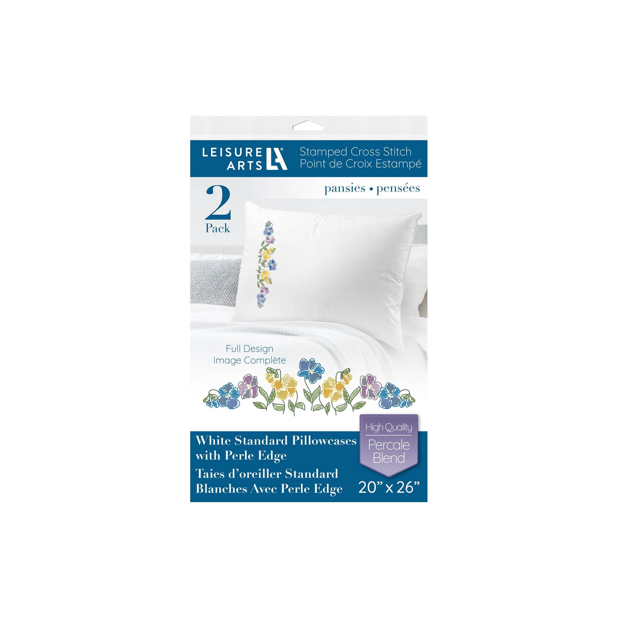 Leisure Arts Pillowcase 20"X26" Pansies 2Pc, Embroidery Pillow Kit, Stamped Embroidery Pillowcases, Pillow Cases Stamped, Stamped Cross Stitch Cases