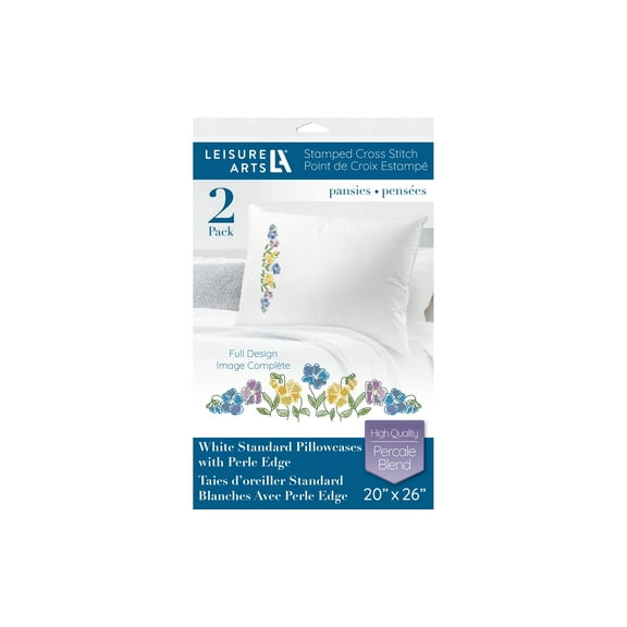 Leisure Arts Pillowcase 20"X26" Pansies 2Pc, Embroidery Pillow Kit, Stamped Embroidery Pillowcases, Pillow Cases Stamped, Stamped Cross Stitch Cases