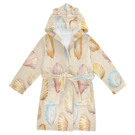 FORMRS Niños Bathrobe Unisex Hooded Robe Soft Plush Pajamas Sleepwear, Size 2-3T, Watercolor Seashell