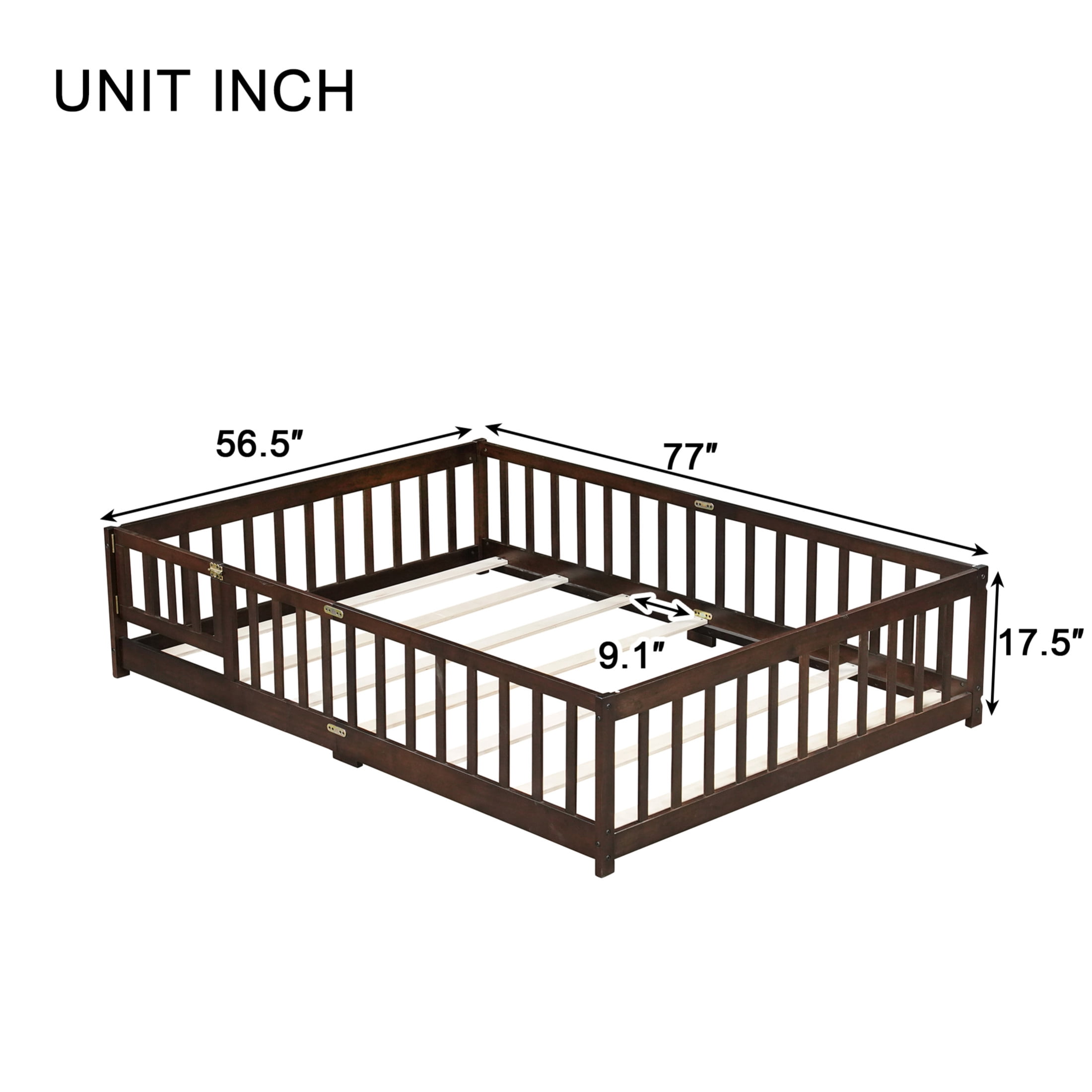 Noble House Corvel Full Size Rubber Wooden Floor Bed with Safety Guardrails & Latching Fence Door, Espresso