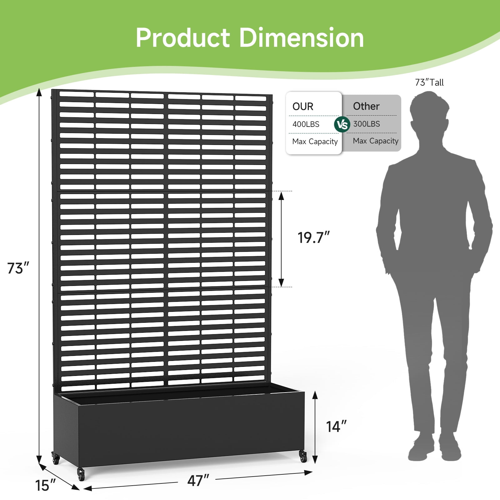 Dovov Raised Garden Bed with Trellis, Outdoor Metal Planter with Drainage Hole, Rolling Trellis Planter Box for Climbing Plants, 47"W x 73"H, Black