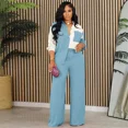 thumbnail image 5 of Conjunto de dos piezas de patchwork de color con bolsillos para mujer, conjunto a juego, camisa de manga larga y pantalón de pierna ancha, traje elegante para otoño e invierno, 5 of 5