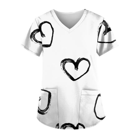 

netehipn Scrub Tops for Women Clearance Casual Valentines Day with Hearts Short Sleeve Scrub Tops Love Heart Print Black XXXXL