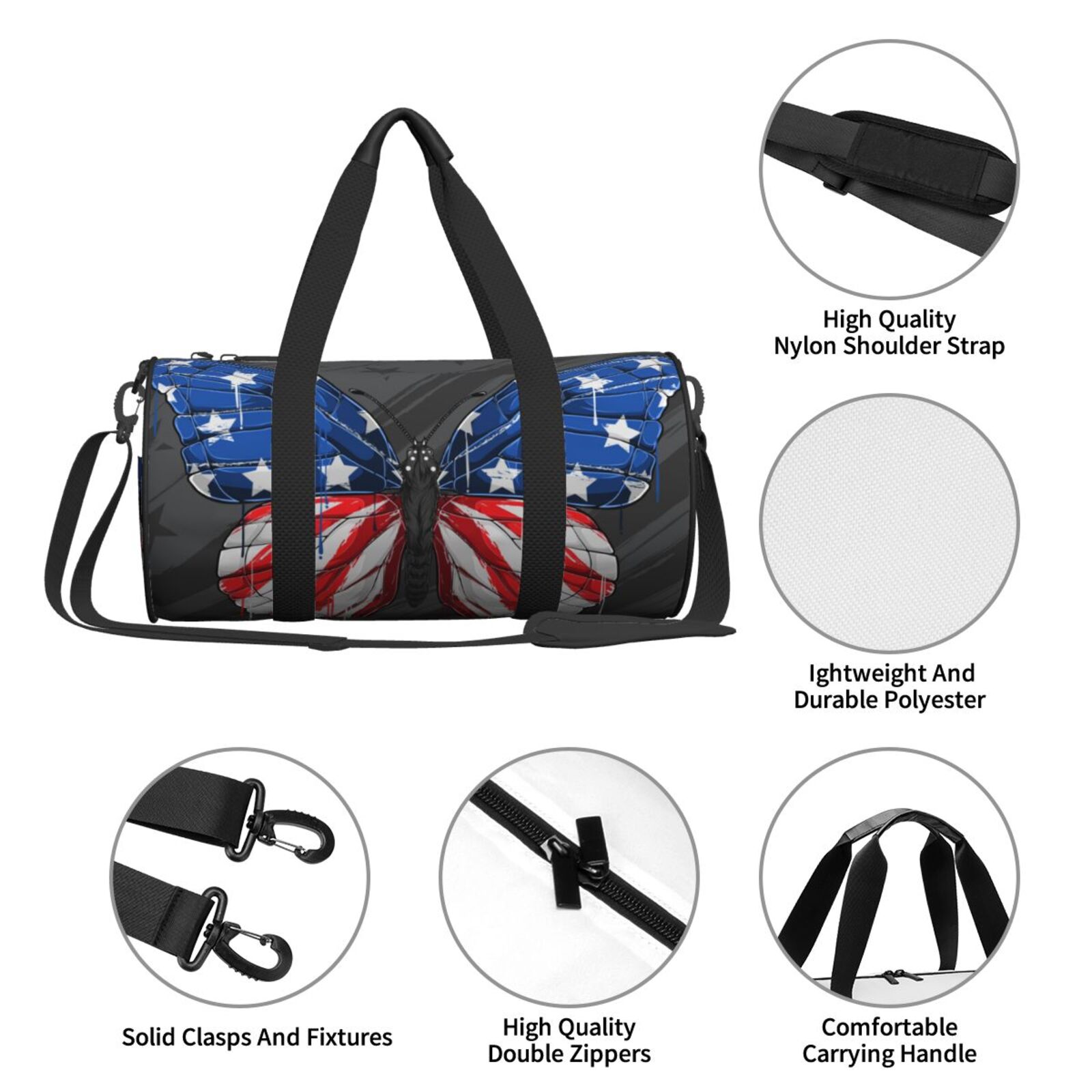 Vsdgher Butterfly With USA Flag 45L Foldable Duffel Bag, Sports Gym Bag,Overnight Bag, Portable Weekender Bag for Airplanes
