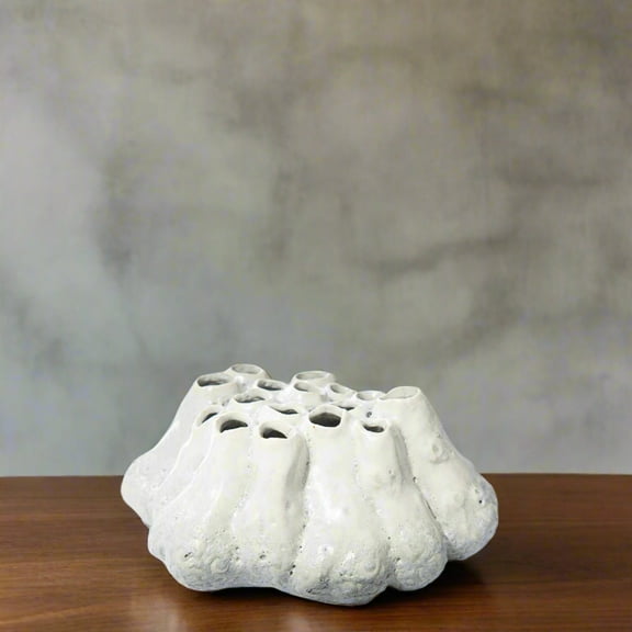 Ceramic Cluster Organic Vases with Curled Banded Flared Bottom Base Distressed Finish Ivory
