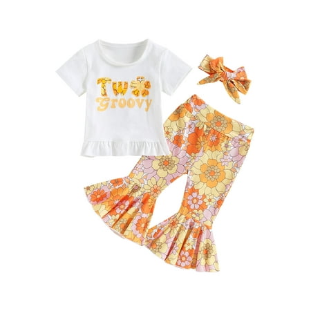 

Arvbitana 1-3 Years Baby Girls 3Pcs Summer Outfits Short Sleeve Ruffle T-shirt + Floral Flare Pants + Headband Set