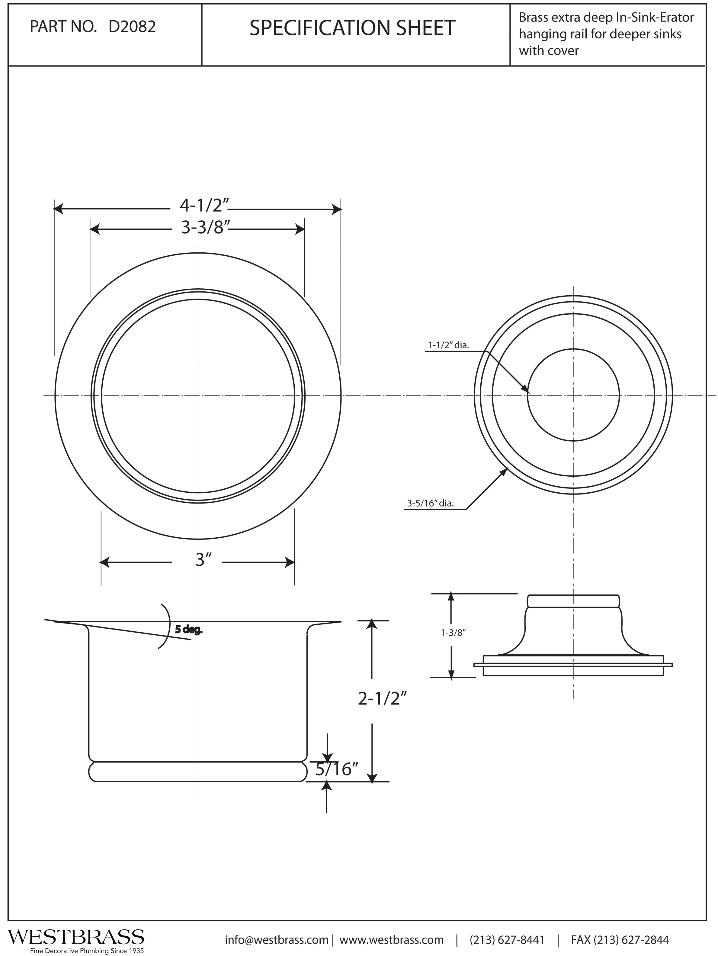 Westbrass D2082-07 3-1/2" Extra-Deep Collar Waste Disposal Flange & Stopper, Satin Nickel