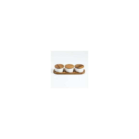 Kalmar Home Ceramic Condiment Set on Acacia Wood Base
