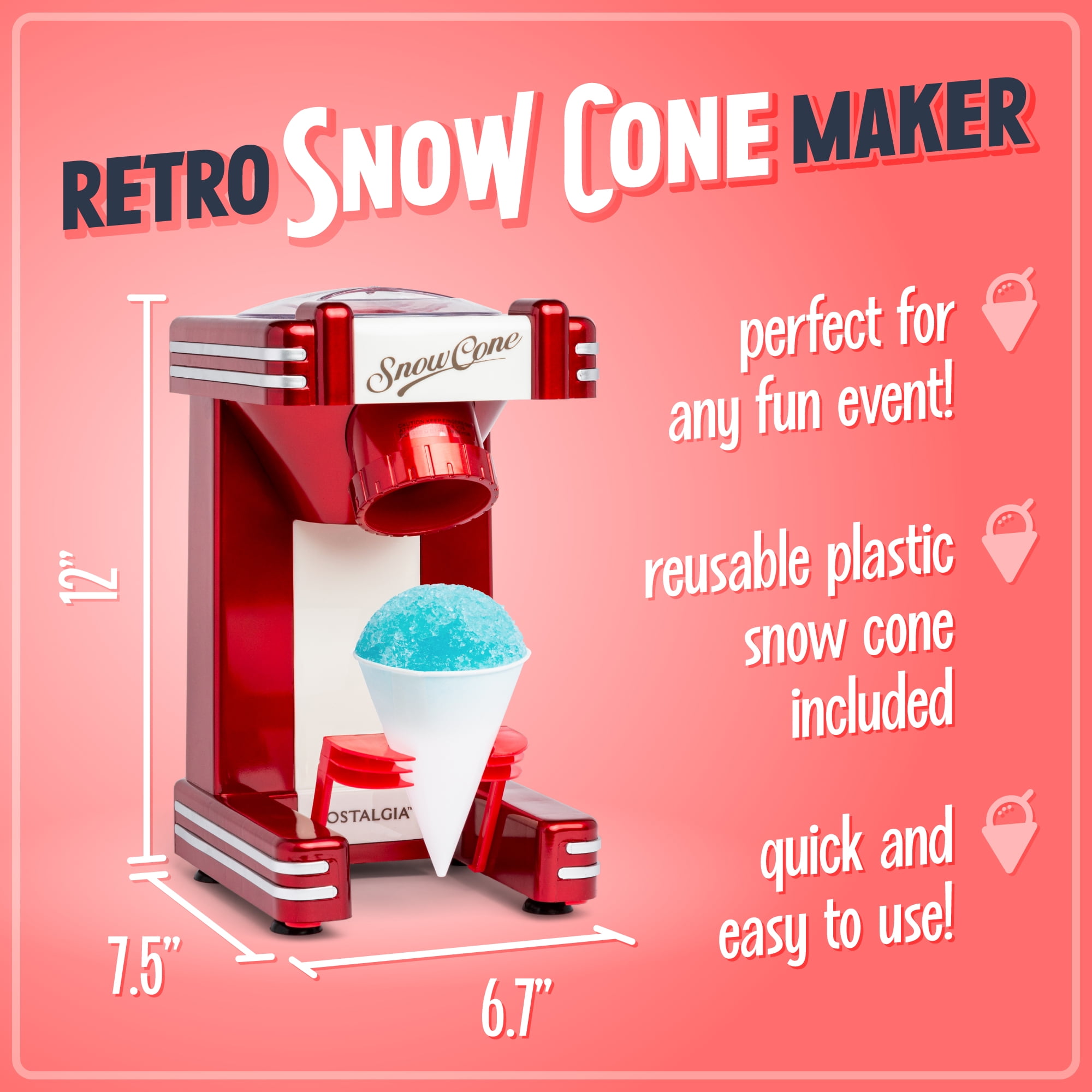 Nostalgia Retro Snow Cone Maker, Countertop Shaved Ice Machine and Snow Cone Maker, Red