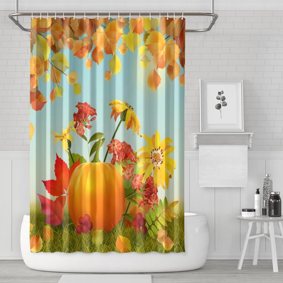 Maple Leaf Welcome Fall Autumn Pumpkins Shower Curtains,Washable Bathtub Curtains with Hooks Friendly Polyester Fabric Curtains for Bathroom Bathtub Autumn Holiday
