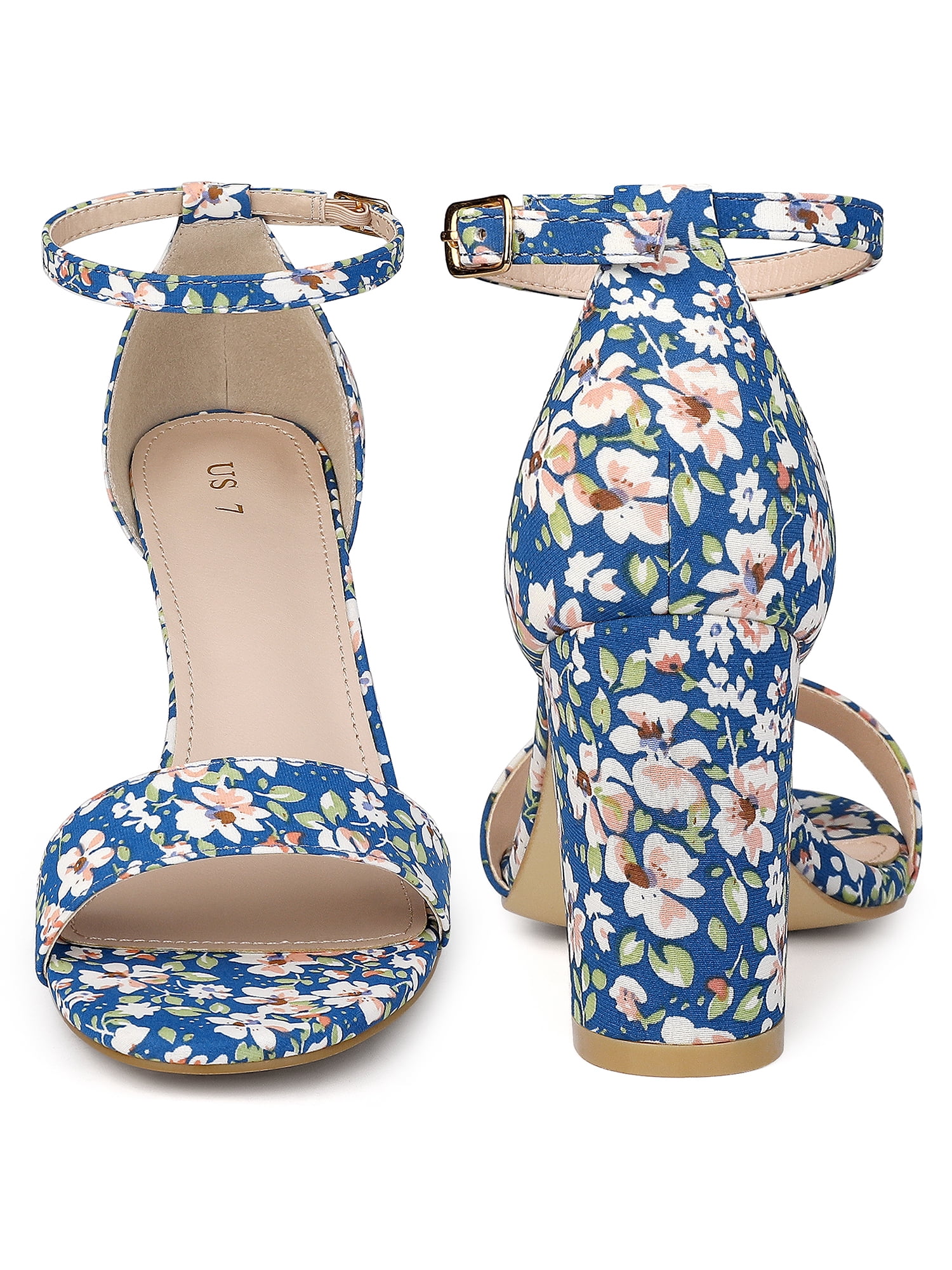 DARING DIVA Women's Floral Open Toe Ankle Strap Chunky Heel Sandals Dark Blue 7.5