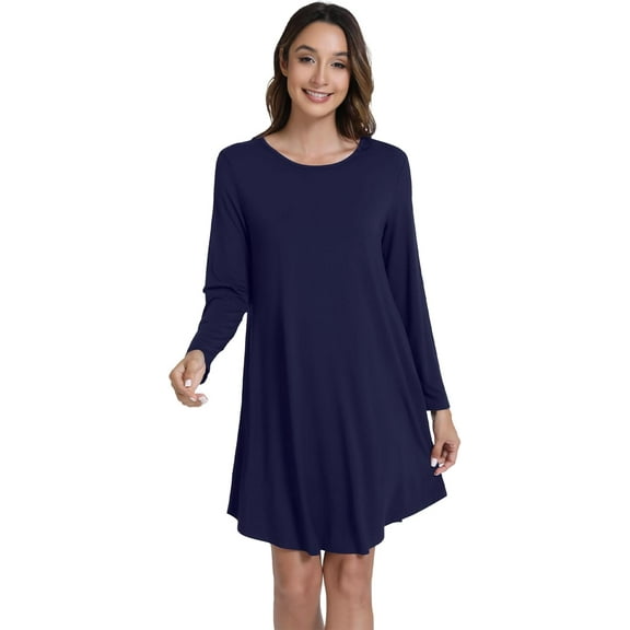 WiWi Nightgowns for Women Sleep Dress Soft Long Sleeve Curved Hem Nightgown with Pockets-Viscose from Bamboo S-XXL, Navy, X-Large