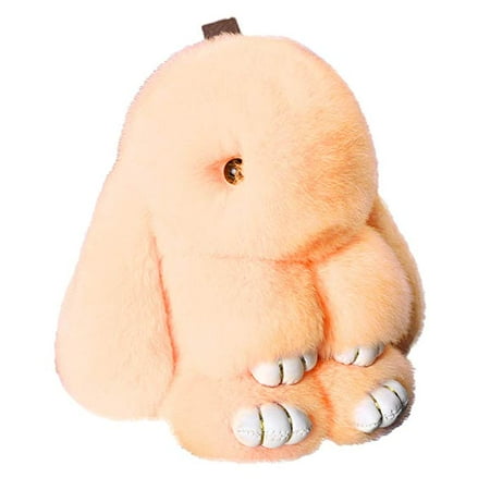 Beige Bunny - IKEPOD Rex Rabbit Fur Keychain, Fluffy Real Bunny Keyring, Soft Cute Pom Pom Ball Doll Pendant Plush Charms