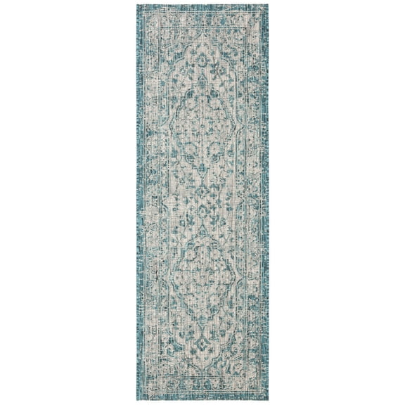SAFAVIEH Courtyard Euclid Medallion Indoor/Outdoor Runner Rug, Grey/Blue, 2'3" x 6'7"