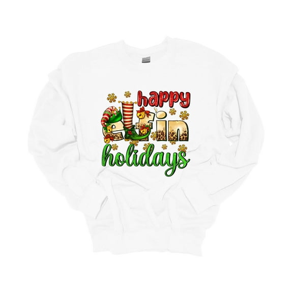 Unisex Christmas Sweatshirt Happy Elfin' Holidays Festive Holiday Crewneck Sweatshirt-White-small