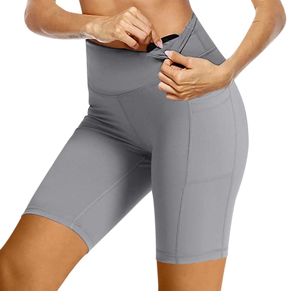 High Waisted Yoga Shorts for Women with Pockets, Buttery Soft Workout Bike Shorts Tummy Control Gym Running, Light Gray,Size M