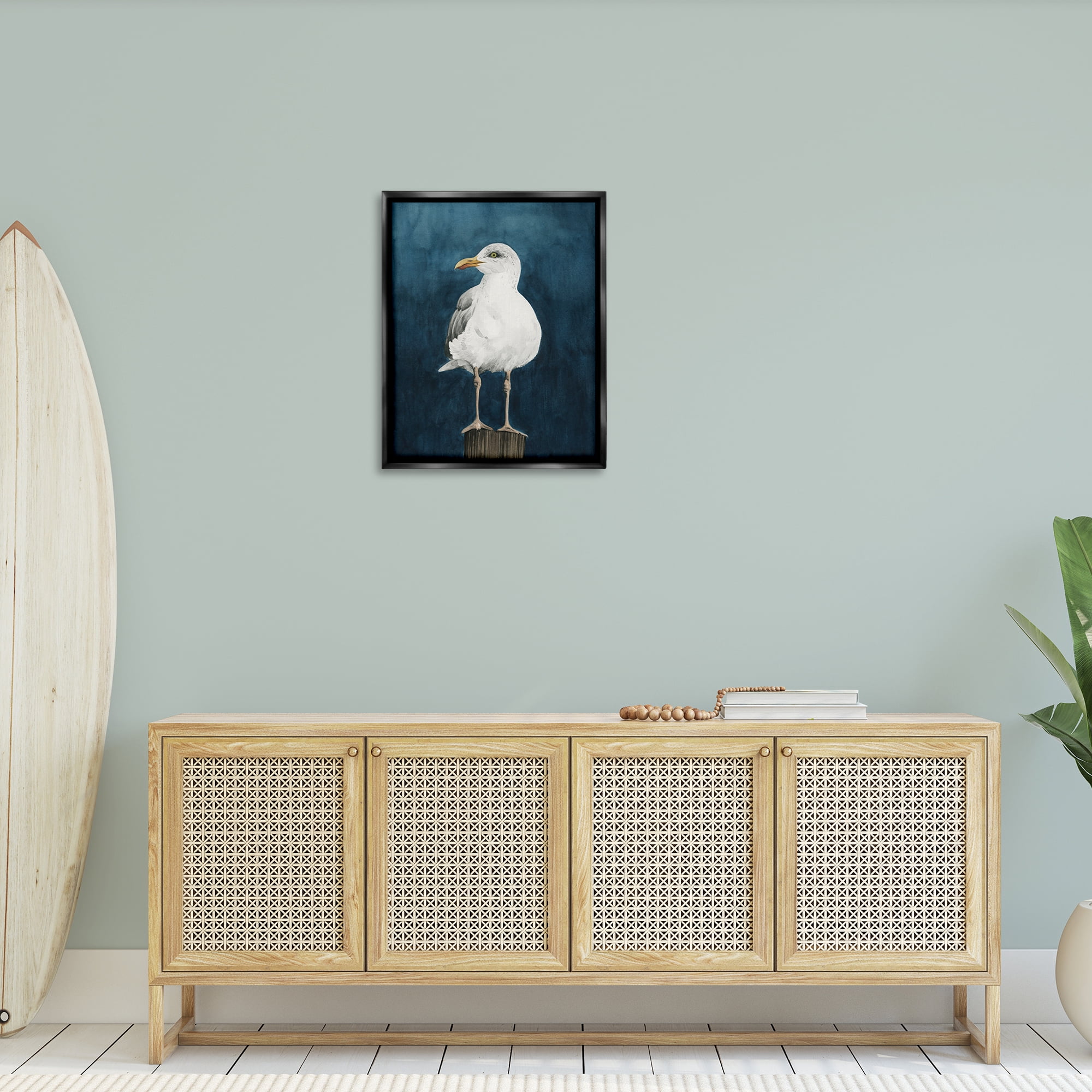 Stupell Industries Perched Coastal Bird Animals Painting Black Floater Framed Canvas Art Print Wall Art, 25 x 31