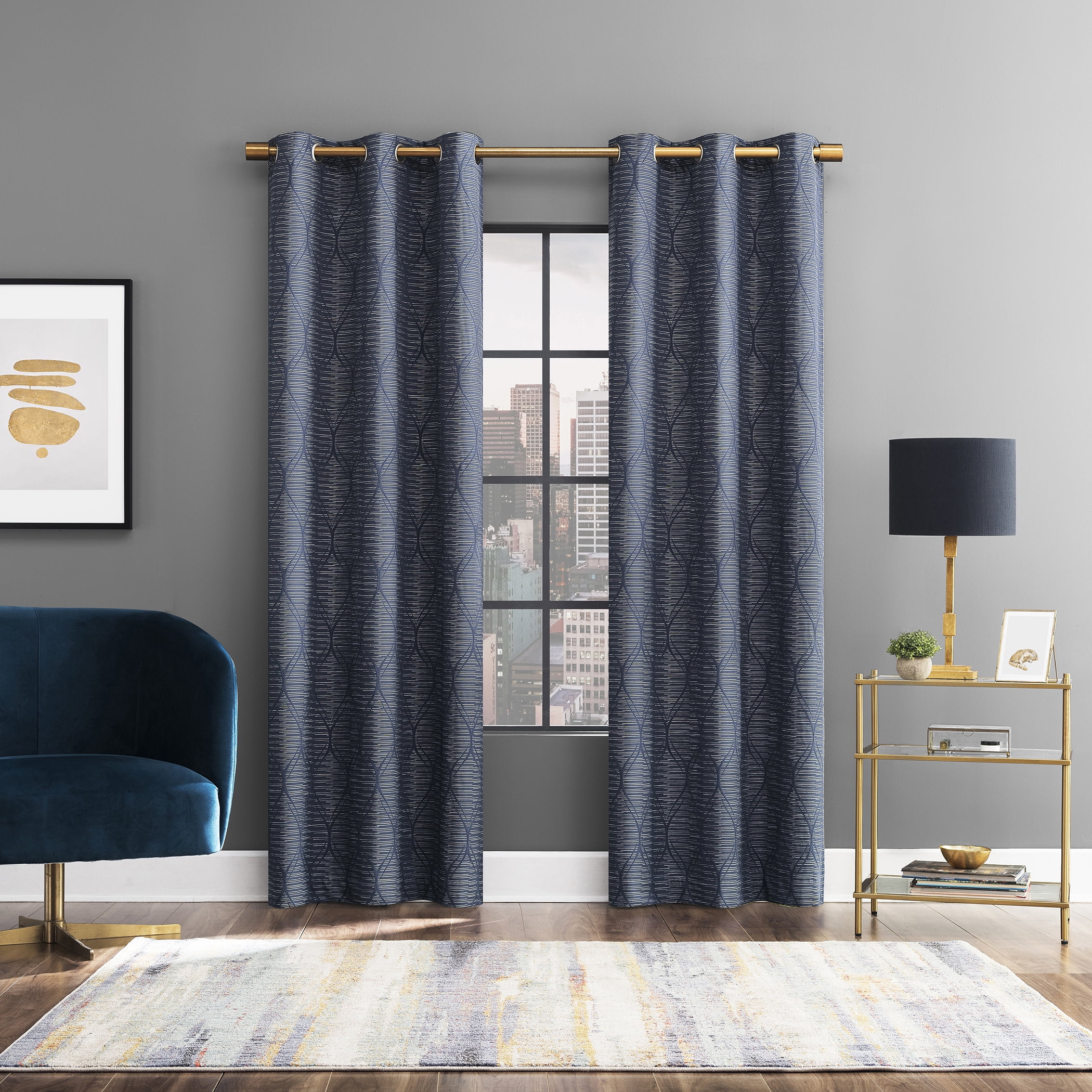 Sun Zero Alaster Geometric Ogee 100% Blackout Grommet Curtain Panel, 40"x84", Navy