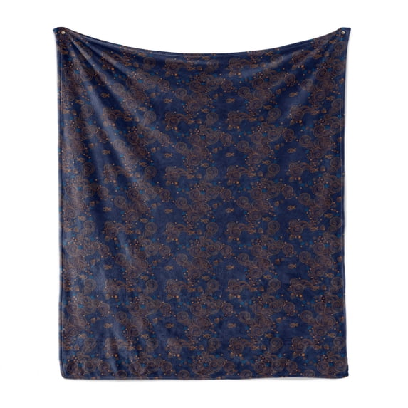 Nautical Soft Flannel Fleece Throw Blanket, Flourish Pattern of Swirling Ornaments with Fish Shell and Flowers, Cozy Plush for Indoor and Outdoor Use, 50" x 70", Pale Cinnamon Indigo, by Ambesonne