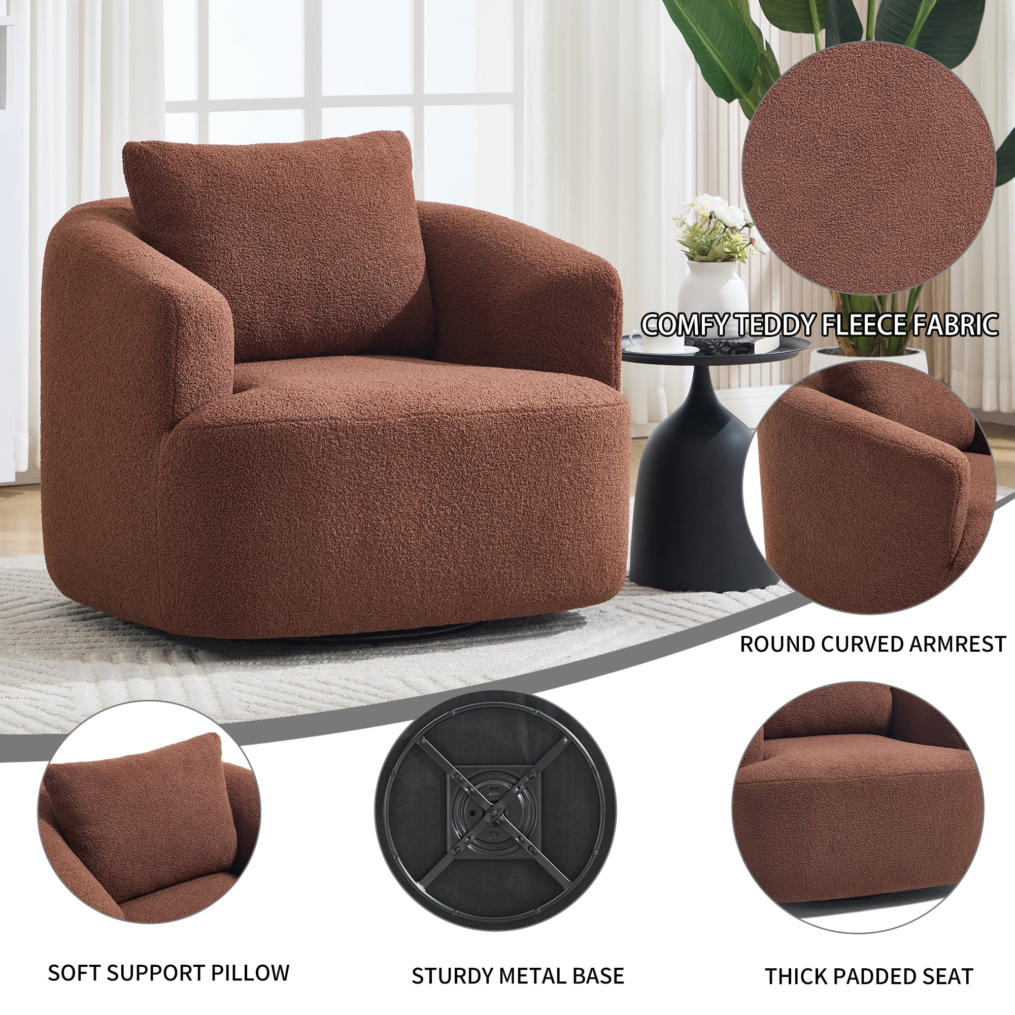 Swivel Accent Chair,360° Round Upholstered Armchair with One Soft Pillow,Teddy Fleece High-Resilience Sponge Single Sofa for Living Room, Bedroom, Apartment,No Assembly,Brown