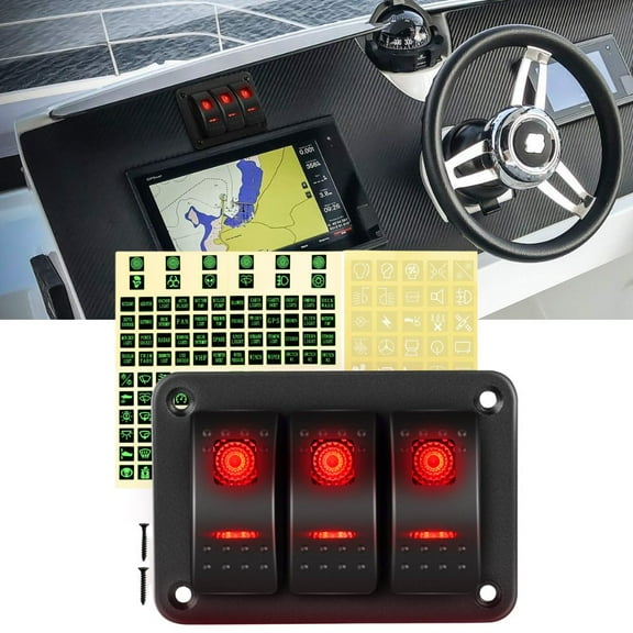 Waywe 3 Gang Rocker Switch Panel with Aluminum Holder, 5 Pin On/Off Toggle Switches, Pre-Wired Red Backlit, 12V/24V Dash Control for Car, Truck, Boat, RV
