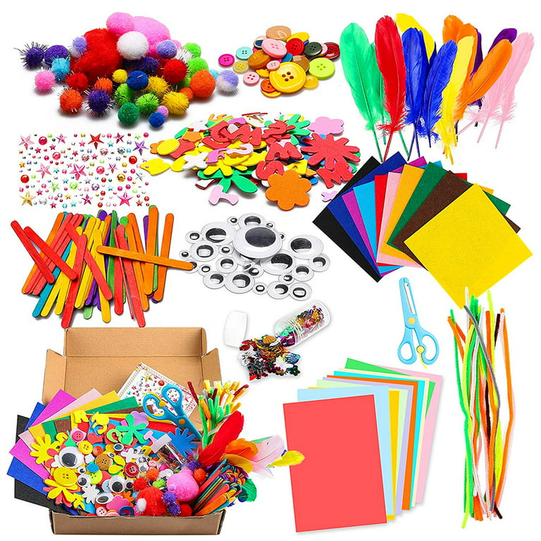 Willkey 1000Pcs DIY Art Craft Kit Craft Art Supply Set Creative Arts and Crafts  Kit Included Pipe Cleaners Feather Foam Flowers Letters Sticker Popsicle  Sticks Scissors 