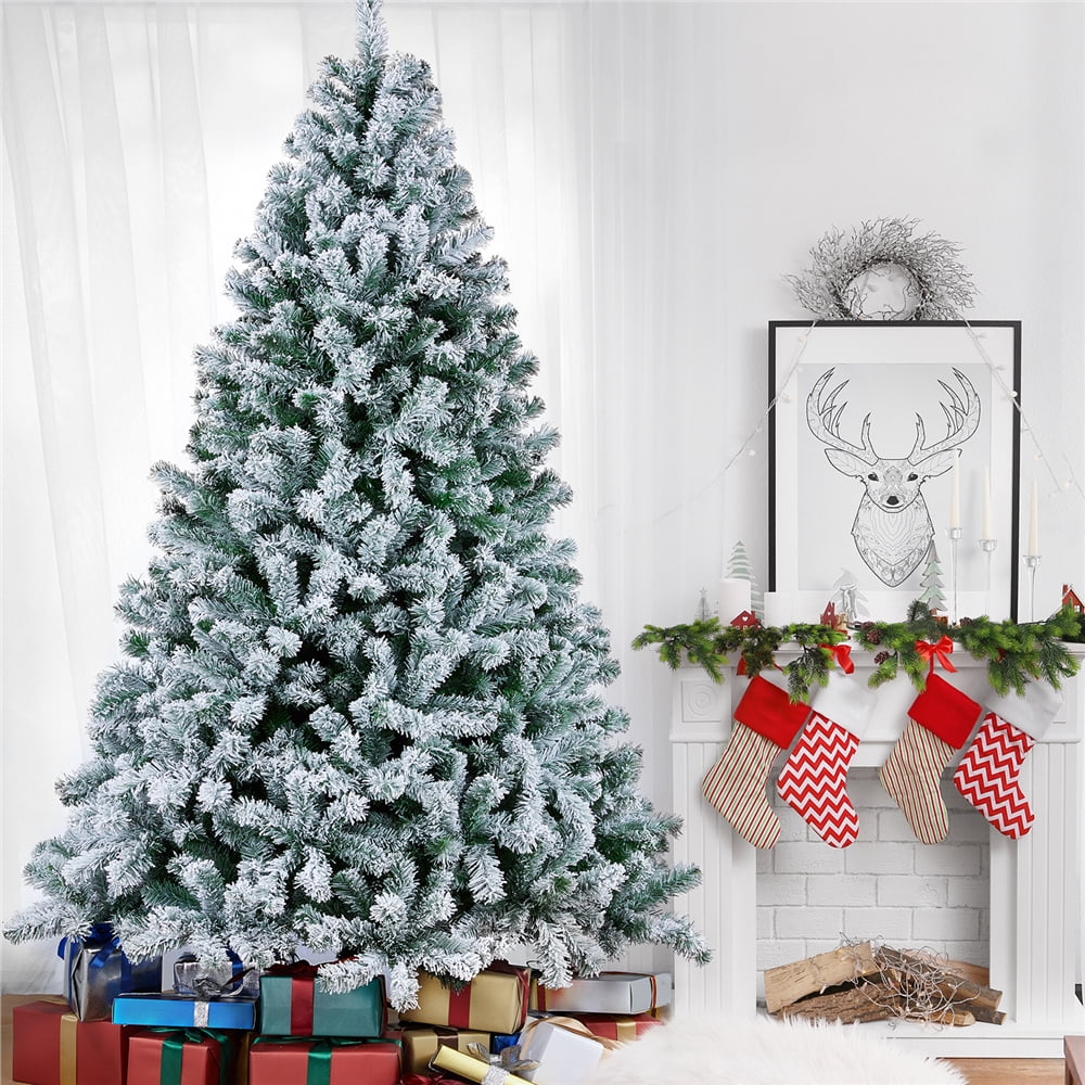 Alden Design 7.5 ft Pre-Lit Flocked Christmas Tree with Warm Lights, Frosted White