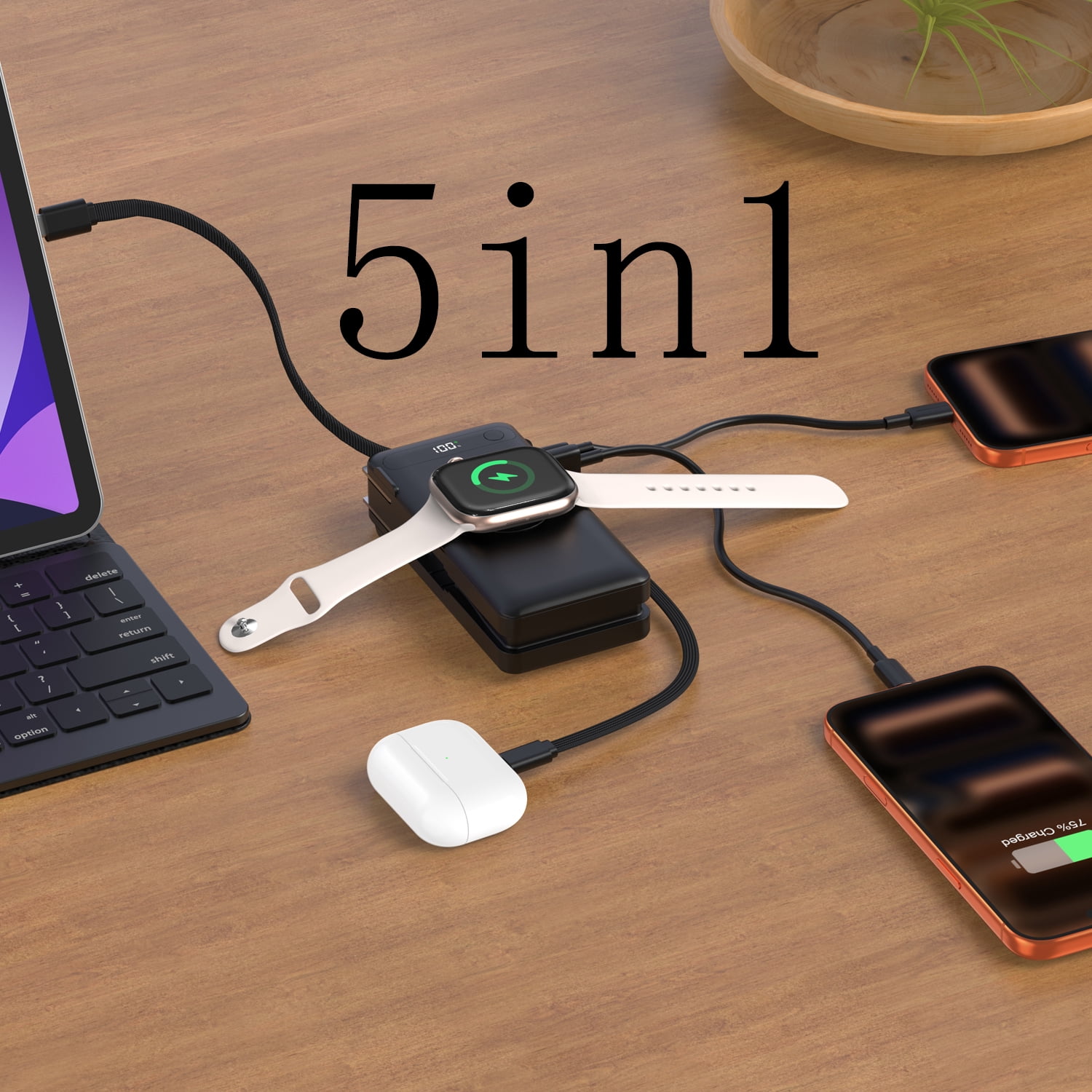Black 5-in-1 Travel Power Bank (10,000mAh) — Built-in Foldable AC Wall Adapter and 3W Wireless Watch Charger; Multi-Device Charger with Integrated USB-C Cable; Portable External Battery Pack