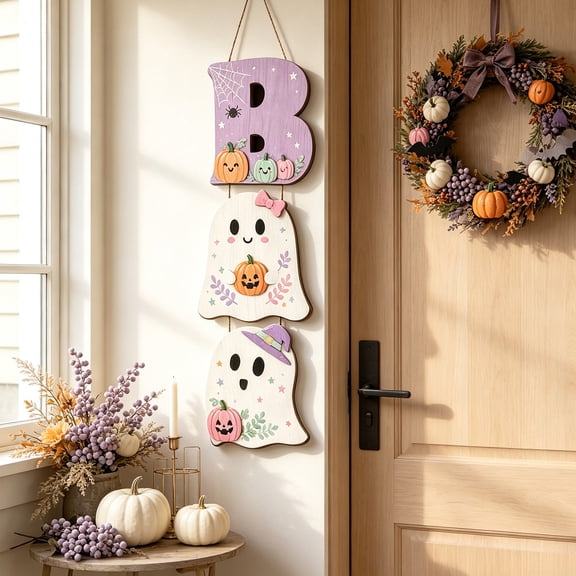 Fall Thanksgiving Halloween Decoration for Home Indoor Outdoor Clearance Under $15.00! Cute Soft Ghost Wooden Door Hanger 3 Layer Pumpkin Ghost Sign Classic Fall Halloween Front Door Wall Decor
