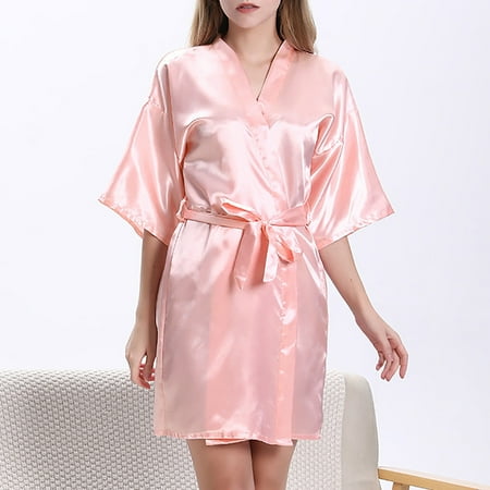 

〖CFXNMZGR〗Overcoats For Women V-Neck Long Sleeve Nightgown Satin Solid Color Bandage Nightgown Cardigan Bathrobe Home Nightgown