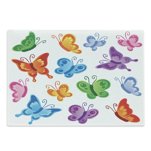 Butterfly Cutting Board, Colorful Butterfly Pattern Ornamentation Winged Animal Love Graphic Print, Decorative Tempered Glass Cutting and Serving Board, Large Size, Multicolor, by Ambesonne