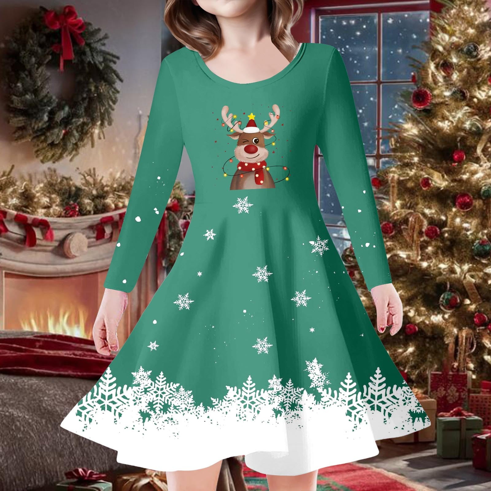 Robe De Noël Pour Fille - Imprimé Cerfs & Sapins - Manches Longues, Rouge - Fête, Princesse