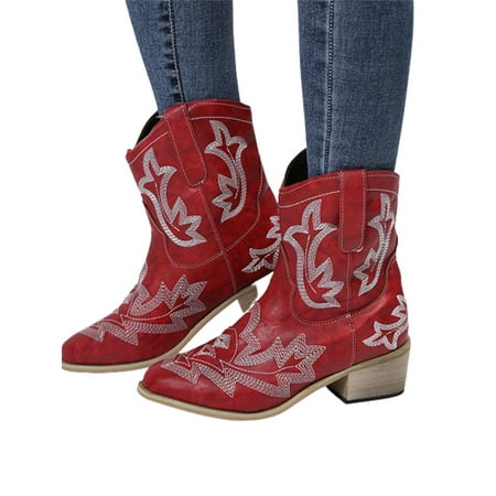 

WEARELLAS Womens Embroidered Boots Cowboy Cowgirl Ankle Booties Winter Pointed Toe Western Riding Shoes Size