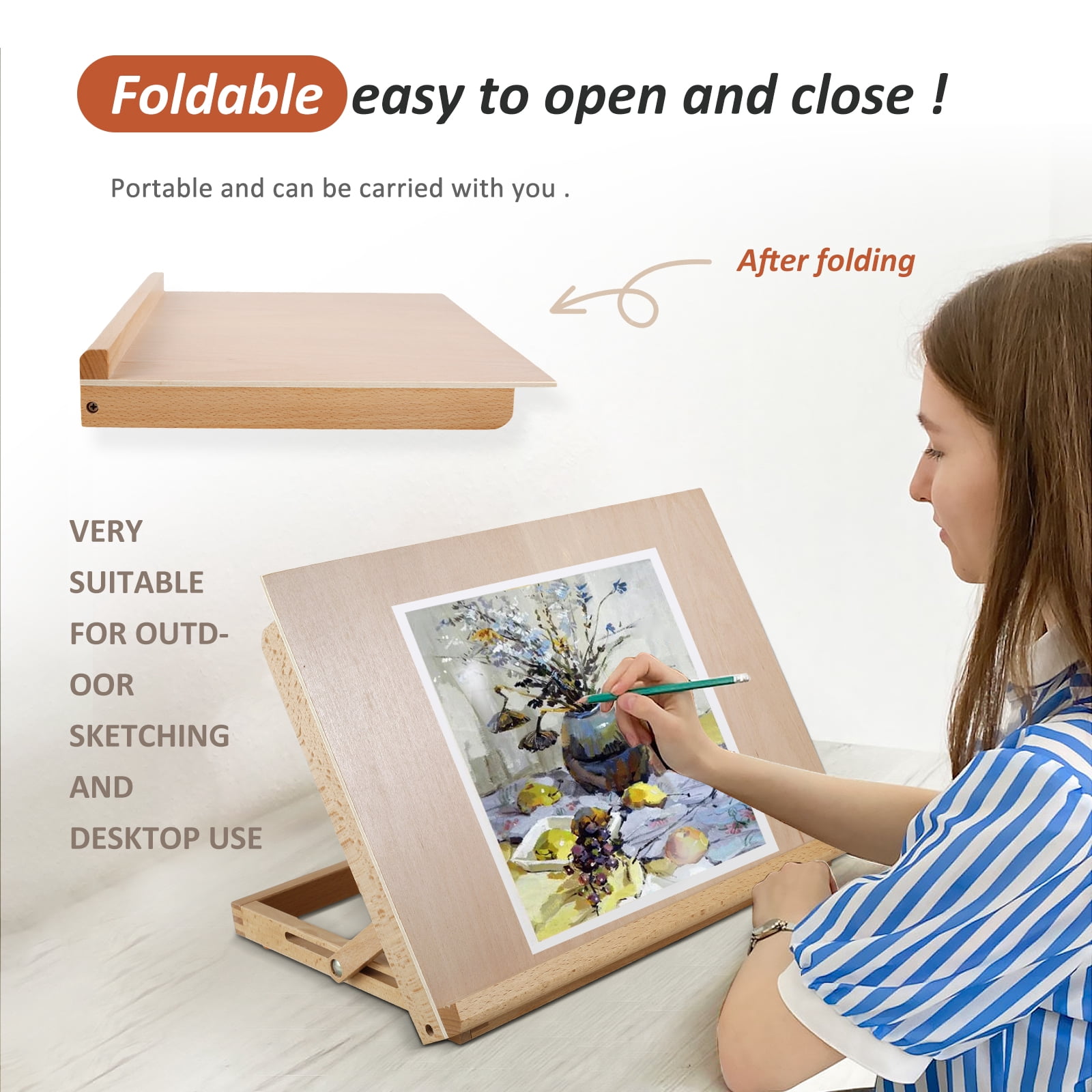 Ikoopy Large Drawing Board Easel Solid Beech Wood Tabletop Painting Easel with Smooth Surface Adjustable Angle Art Easel Folding Drawing and Sketching Board for Artists Beginners Student