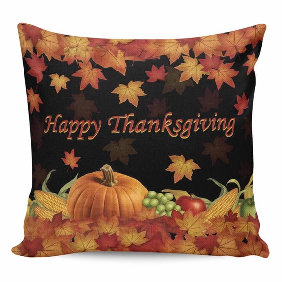 Fall Maple Leaves Pillow Covers 18x18 Inch Decorative Throw Pillow Cover, Happy Thanksgiving Pumpkins Autumn Black Sofa Pillowcases Accent Cushion Case Home Decor Bedroom Living Room