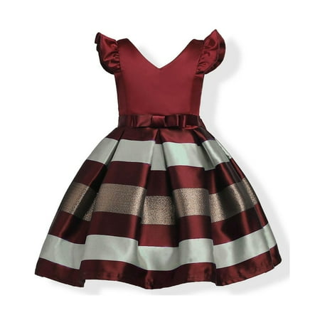 

OLLUISNEO 3-4 Years Toddler Baby Girls Dress Stripe Prints Fly Ruffled Sleeve Party Floral Prints Dress Red